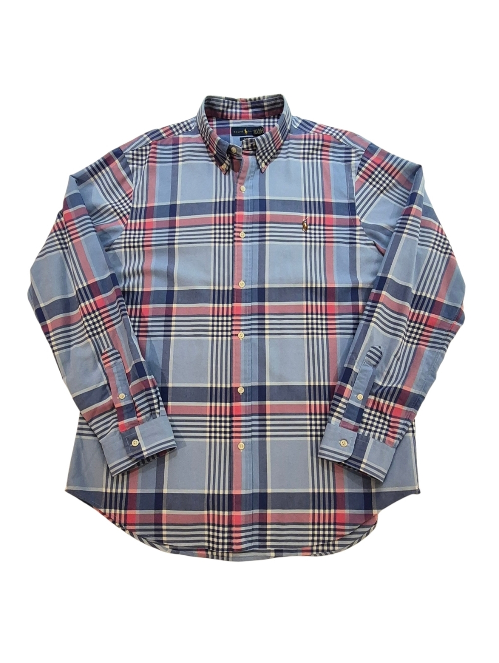Ralph Lauren Plaid Shirt XL Slim Fit Blue Pink Button Down Cotton Pony